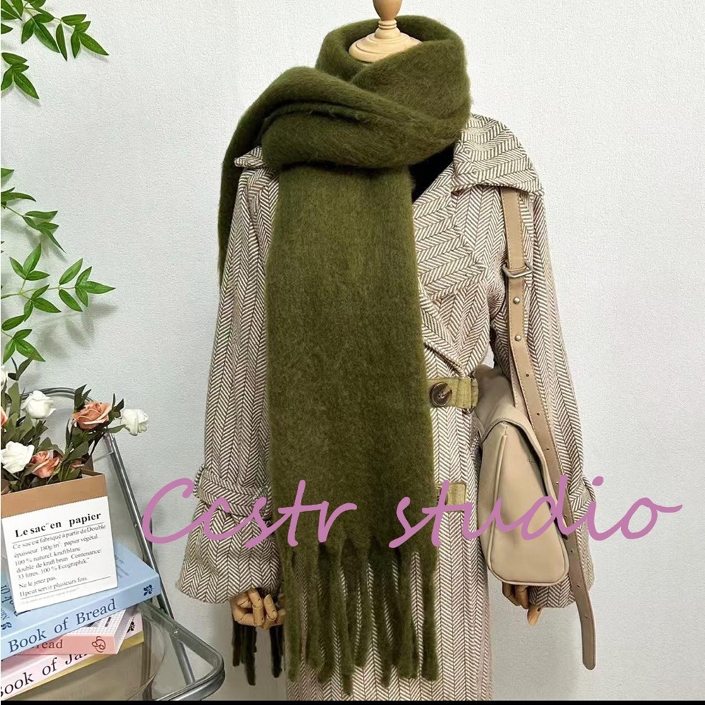 Olive/Army Green Mohair Tassel Scarf: Winter Shawl